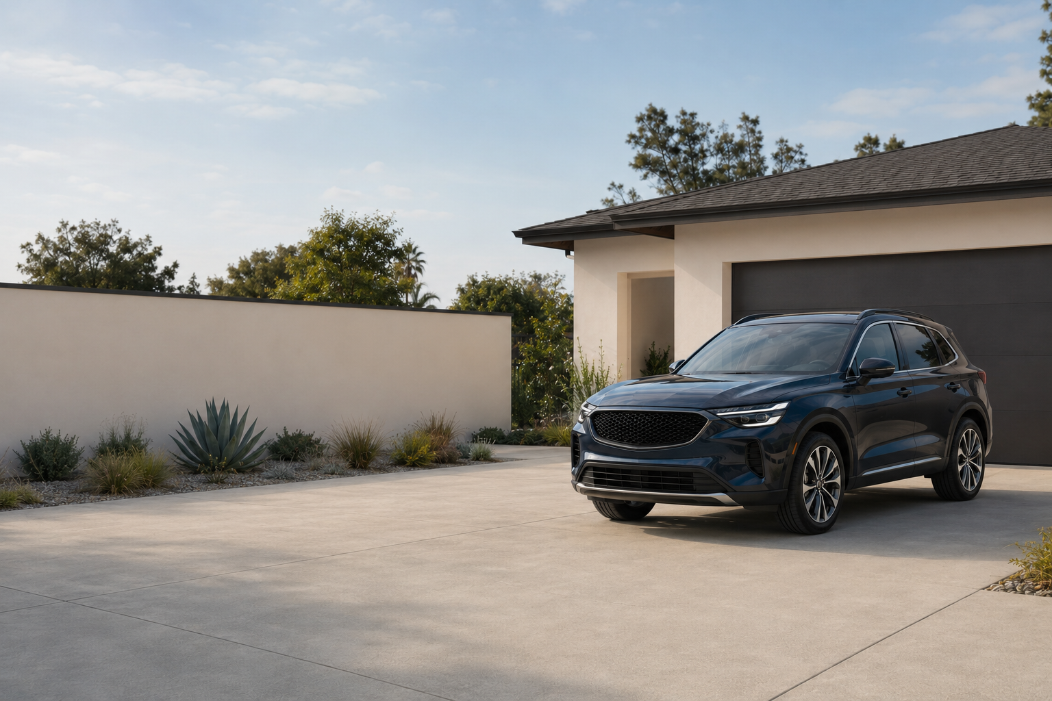 A dark SUV parked in a Southern California driveway